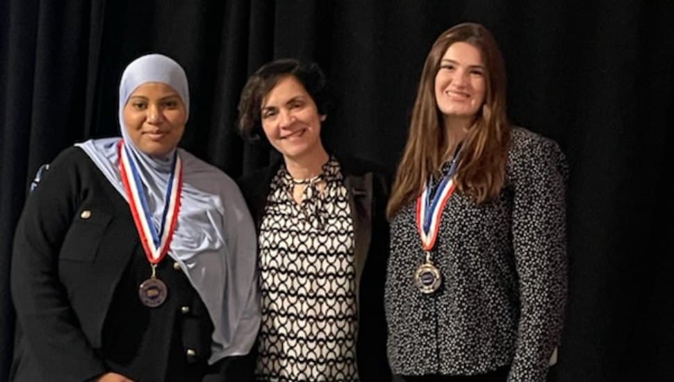 DCCC President Dr. Marta Yera Cronin with All-PA Academic Team honorees Umniyah Al-Haneef of Folcroft and Brooke Weiss of Exton. Not pictured: Marie Camara and Liz Mercadante.