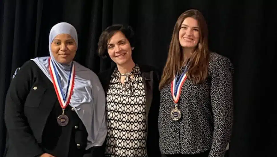 DCCC President Dr. Marta Yera Cronin with All-PA Academic Team honorees Umniyah Al-Haneef of Folcroft and Brooke Weiss of Exton. Not pictured: Marie Camara and Liz Mercadante.