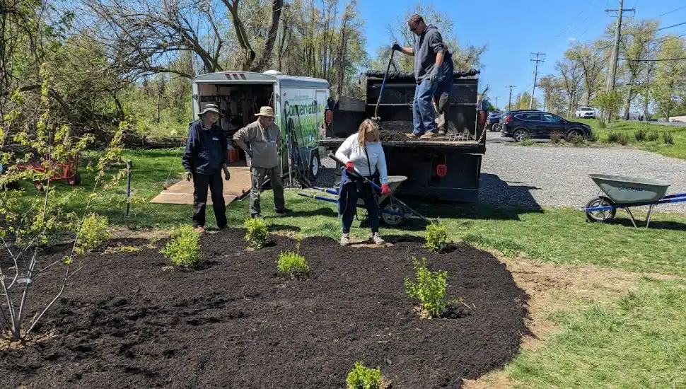 Volunteers mulch and clean at Delco Woods park.