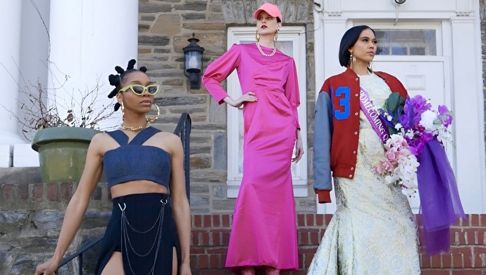 Models displaying the designs of Harcum College Fashion students for the upcoming Apr. 25 fashion show.