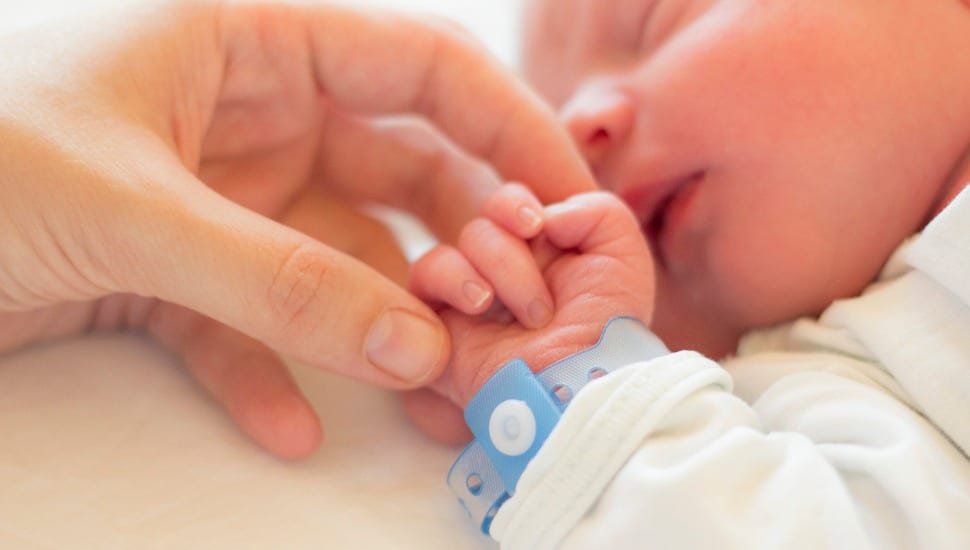 NICU baby with parent holding hand.