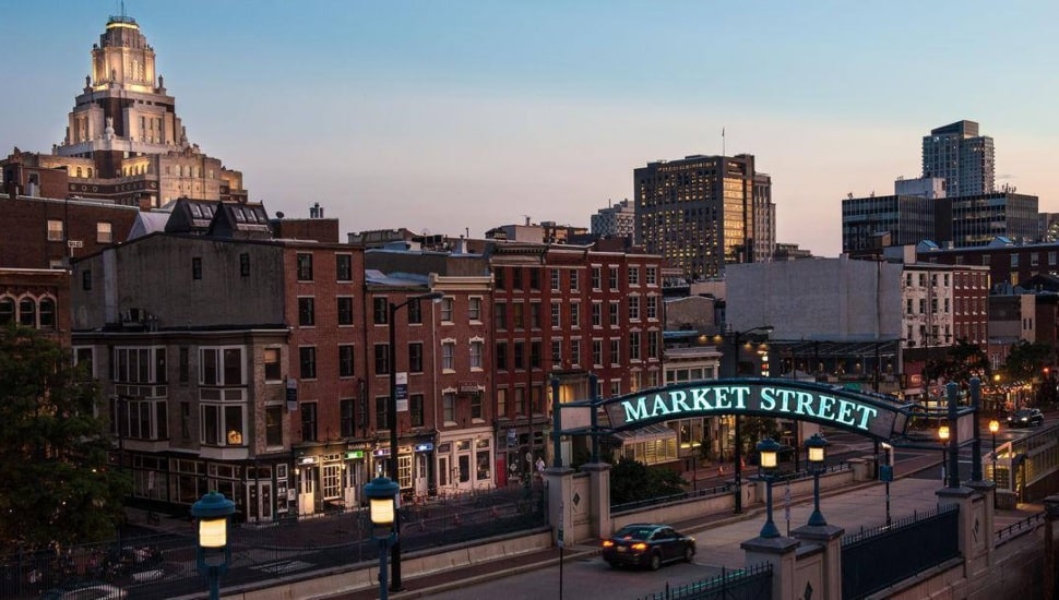 Market Street sign and buildings in Old City.