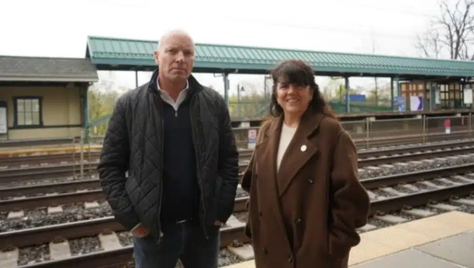 Ken Kearns stands with state Representative Lisa Borowski at the Paoli/Thorndale Regional Rail.