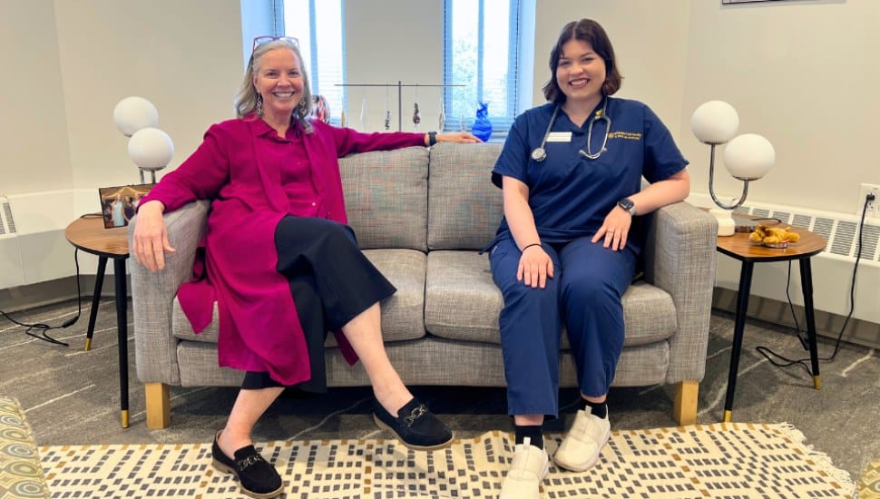 Widner University President Stacey Robertson (left) and senior nursing student Elizabeth Martin.