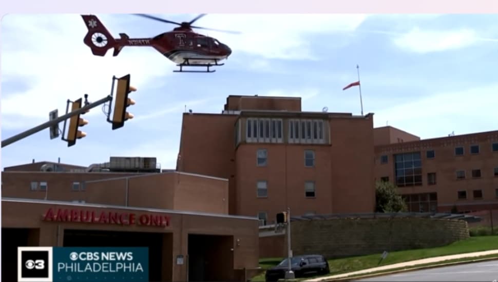 Medical helicopter flying above Crozer.