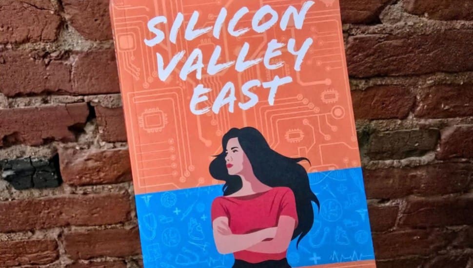 Cartoon cover for Silicon Valley East in front of brick wall.