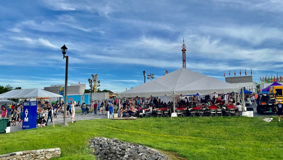 People outdoors and under tents at Strawberry Festival fairgrounds.