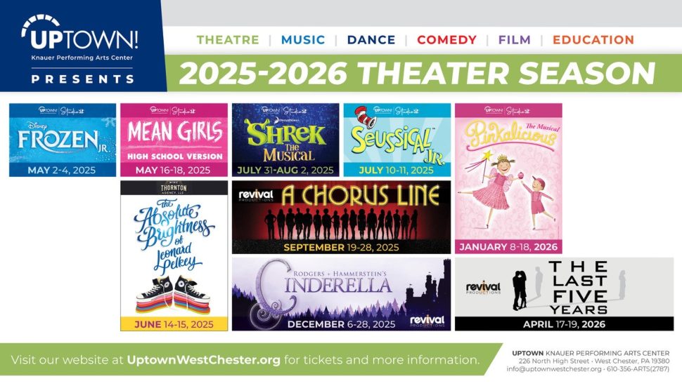 A graphic displaying the titles of Uptown's 2025-26 season shows.