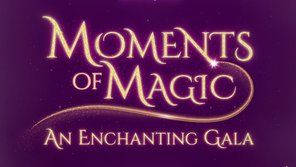 A whimsical graphic with a purple background and gold font with the text "Moments of Magic: An Enchanting Gala Where Imagination Takes Center Stage!"