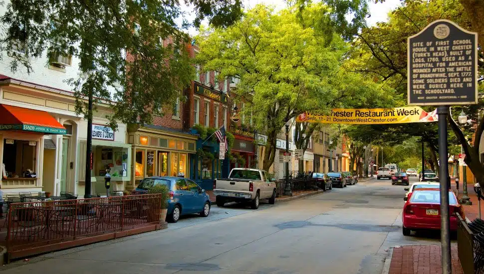West Chester's Gay Street with shops on sides and empty road with no cars.