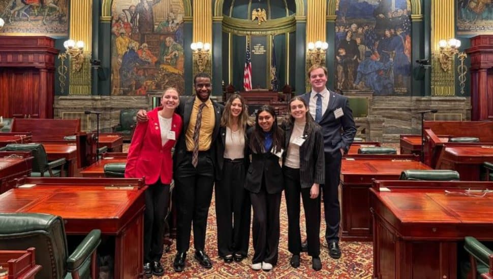Brandywine students Ava Elliott, Philippe Latour, Madison Ollis, Esha Thawani, Natalie Suda and Timothy McClure toured the Senate chamber while in Harrisburg for Advocate Penn State Capital Day.