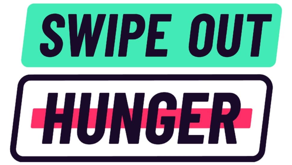 Penn State's logo in green, red and black for its Swipe Out Hunger campaign, with word "hunger" crossed out.
