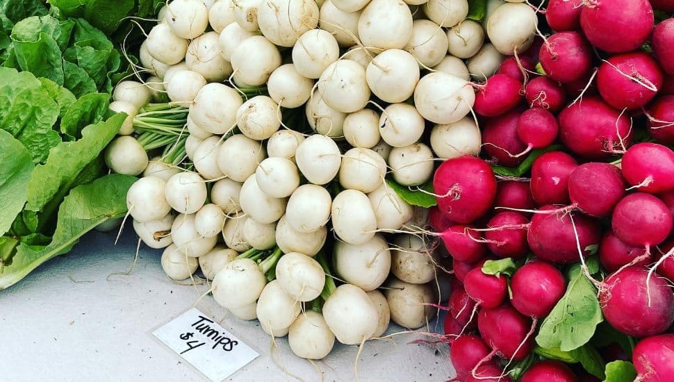 Red and white turnips and greens at Berwyn Farmers Market.