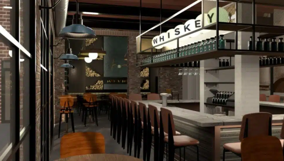 Bluebird Social interior bar as a rendering.