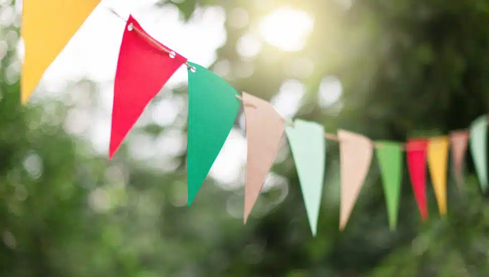 Garland of colorful flags at sunset in summer garden. Concept of celebration Happy Birthday party. Paper festive decoration outdoor.