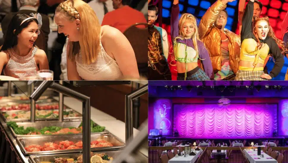 A collage of Dutch Apple Dinner Theatre experiences: guests enjoying a meal, performers on stage in vibrant costumes, a buffet-style dinner setup, and a view of the theater's stage with pink curtains and dining tables.