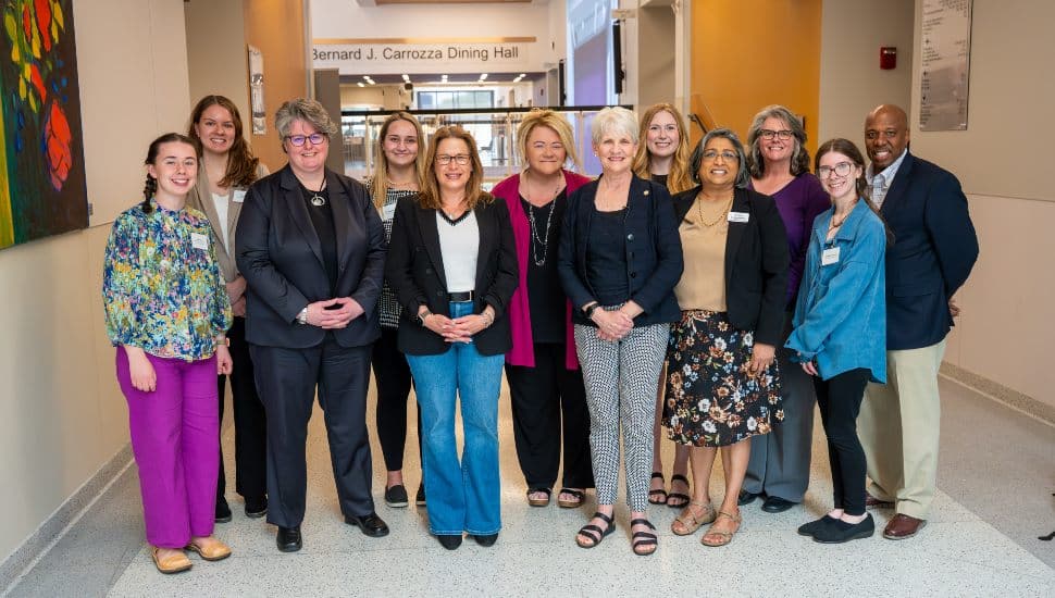 Pictured (L to R) are Anna Roe (WCU Student), Katie Kerr (WCU Alumna), Dr. Carrie Rowe (Acting Secretary PA Dept. of Education (PDE)), Elle Majors (WCU Student), Lori Shapiro (First Lady of PA), Dr. Laurie Bernotsky (President of West Chester University), Carolyn Comitta (PA State Senator), Ruby Mundok (Executive Director Governor Shapiro’s Advisory Commission for Next Generation Engagement), Dr. Rita Patel Eng (Senior Director of WCU Center for Civic Engagement and Social Impact), Patricia A. Shields (WCU Associate Vice President for Facilities Operations), Angelina Kenney (WCU Student), and Dr. Zebulun Davenport (WCU Vice President for University Advancement and External Affairs).