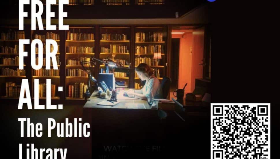 Promotional flyer for “Free for All: The Public Library” film screening and discussion hosted by Indie Lens Pop-Up, WHYY, and Chester County Library on June 5, 2025, at Henrietta Hankin Branch Library. The flyer shows a woman reading a book in a library; several books are pictured and the setting is dark with a lamp.