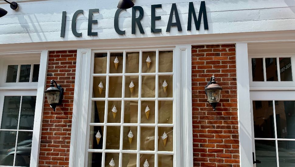 Ice Cream West Chester window with ice cream cones.