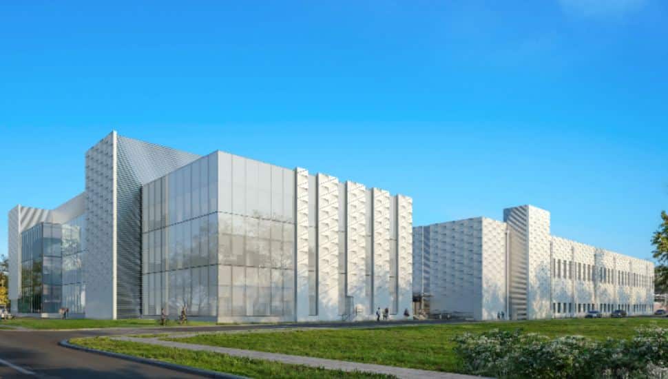 Merck rendering with tall silver buildings.