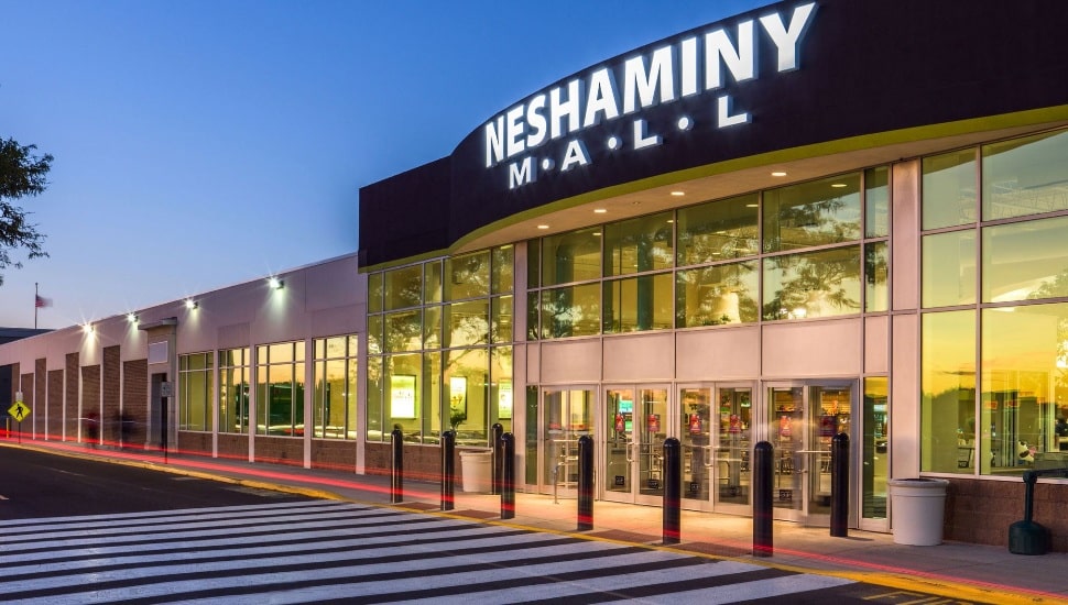 Neshaminy Mall entrance in early evening.