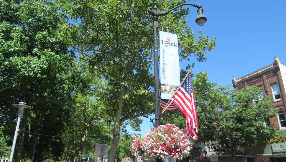 A hanging potted plant on a streetlight in downtown Pottstown.