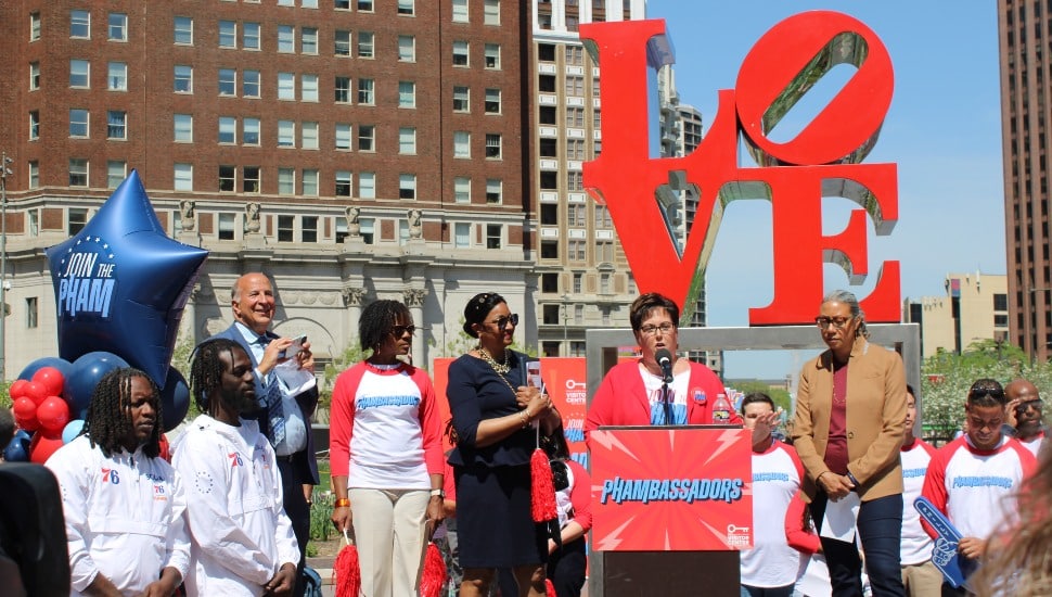 Phambassadors speaking at event in LOVE Park.