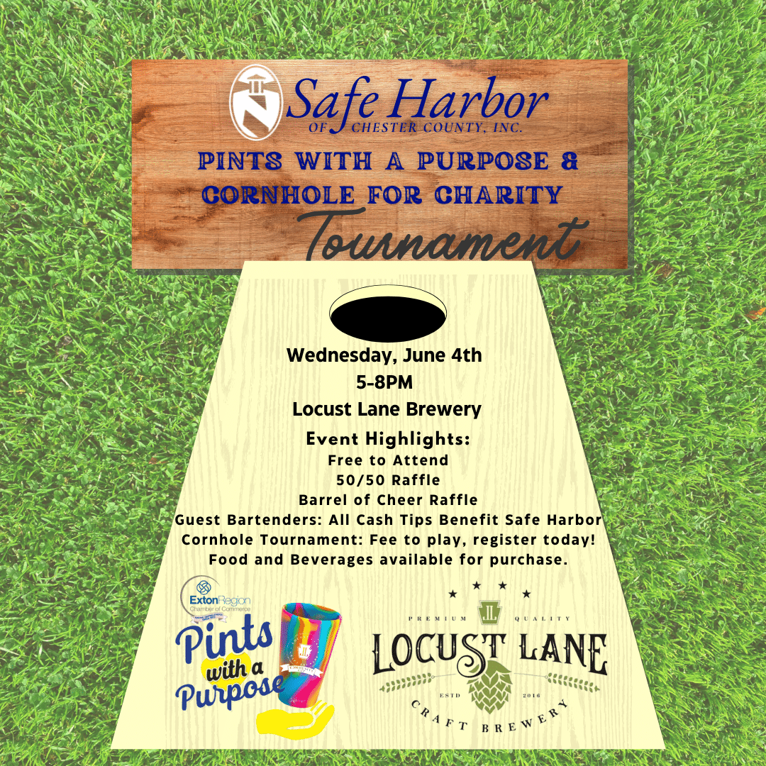 A poster of a Cornhole game promoting Safe Harbor's Pints with a Purpose and Cornhole Tournament June 4.