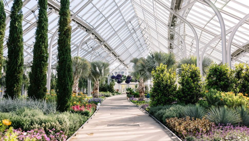 Inside The West Conservatory with a walkway in center and plants on either sides.