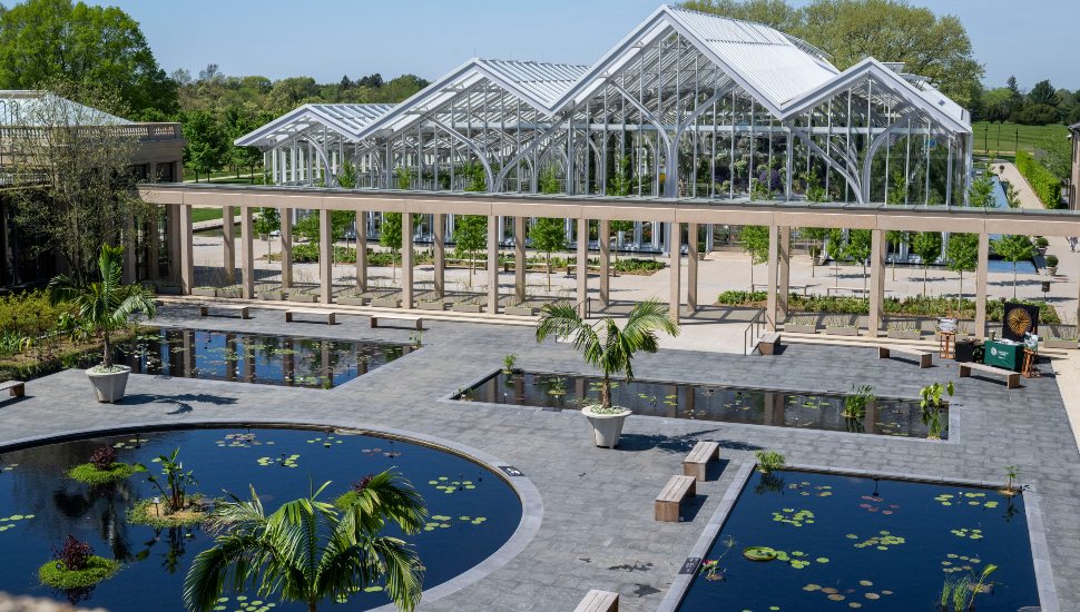 Waterlily Court featuring ponds and the West Conservatory structure in the back.
