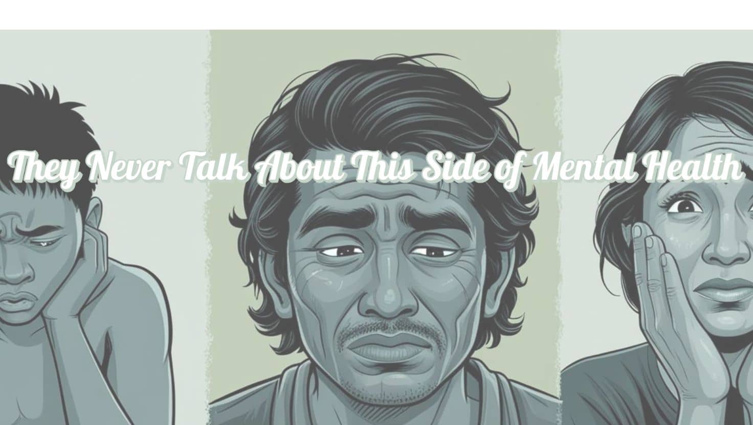 A graphic showing a row of men and women in distress with the words "They Never Talk About This Side of Mental Health."