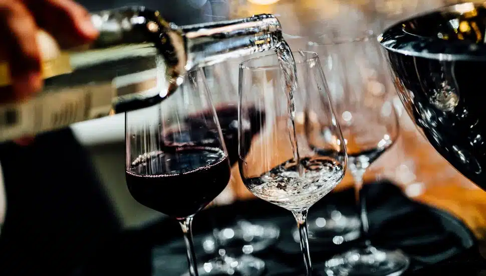 Man is pouring red or white wine in glasses for social event.