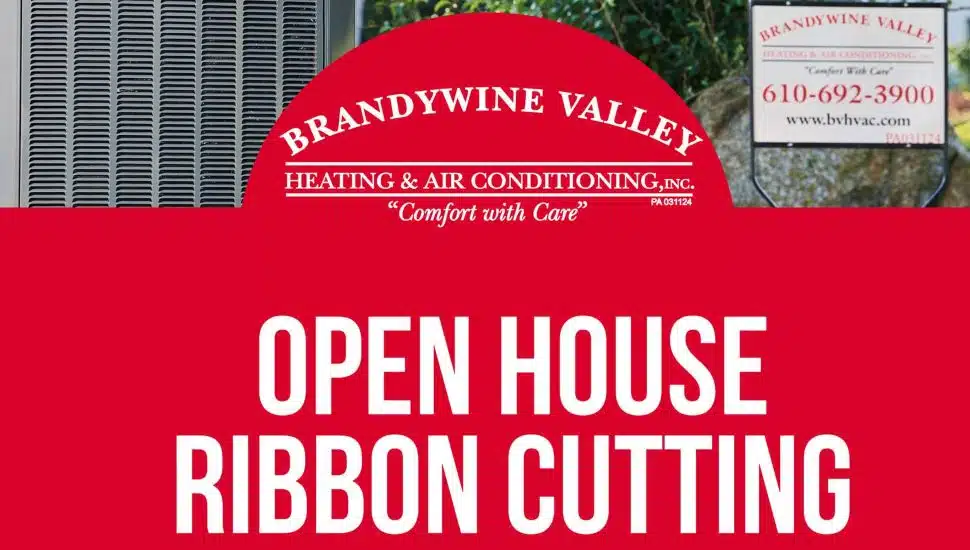 A banner promoting BVHVAC's open house event. Red background, white letters. There's an AC unit in the background.
