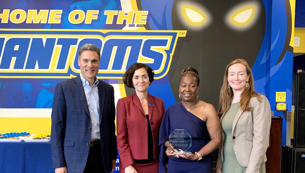 Elisa Ford ’12 has received DCCC’s Outstanding Alumni Award and will deliver DCCC’s 2025 Commencement address. (L to R): John Moss; DCCC President Dr. Marta Yera Cronin; Elisa Ford; and DCCC Vice President of Institutional Advancement and DCCC Educational Foundation Executive Director Dr. Laura Chisholm.