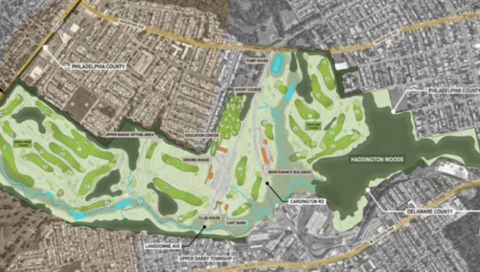 Cobbs Creek Golf Course map detailing green space among cityscape.