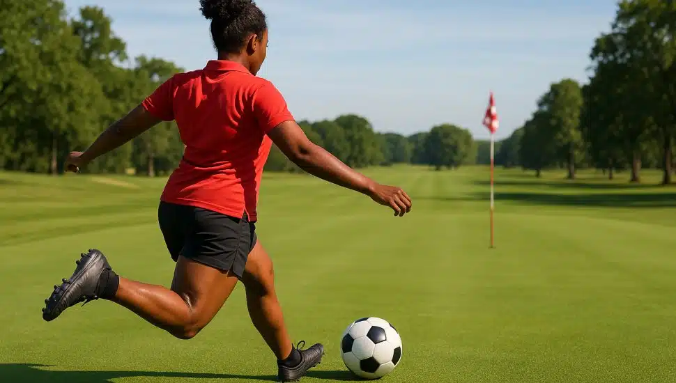 Ai-generated image of a black woman kicking a soccer ball towards at golfball hole.