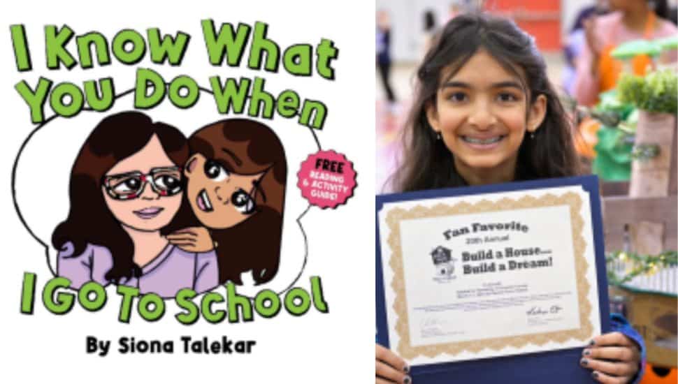 Talekar holding an award from the “Build a House, Build a Dream” event, smiling proudly. Beside her is the cover of her new book, featuring bold typography and vibrant artwork.
