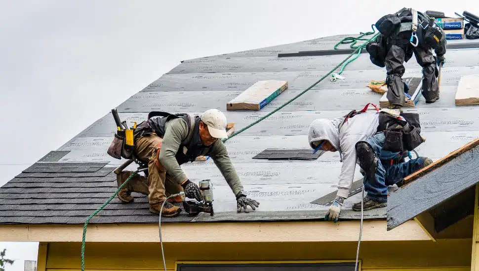 Crew installing new shingles on a roof on a cloudy day.