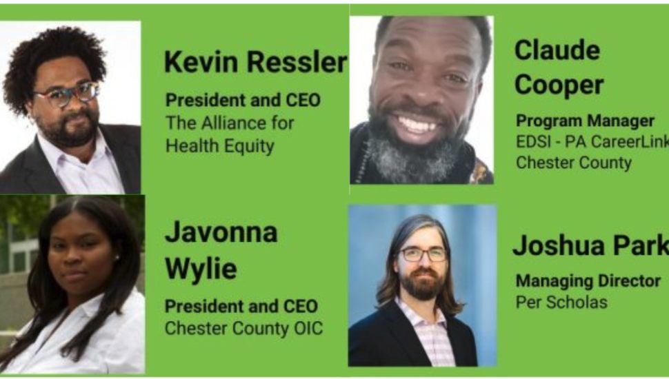 A collage of headshots of the panelists presenting at The Alliance for Health Equity’s E-Connect Series: Left to Right: Kevin Ressler, Claude Cooper, Javonna Wylie, and Joshua Park.