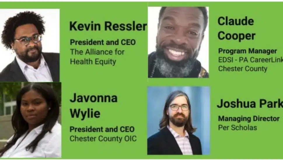 A collage of headshots of the panelists presenting at The Alliance for Health Equity’s E-Connect Series: Left to Right: Kevin Ressler, Claude Cooper, Javonna Wylie, and Joshua Park.