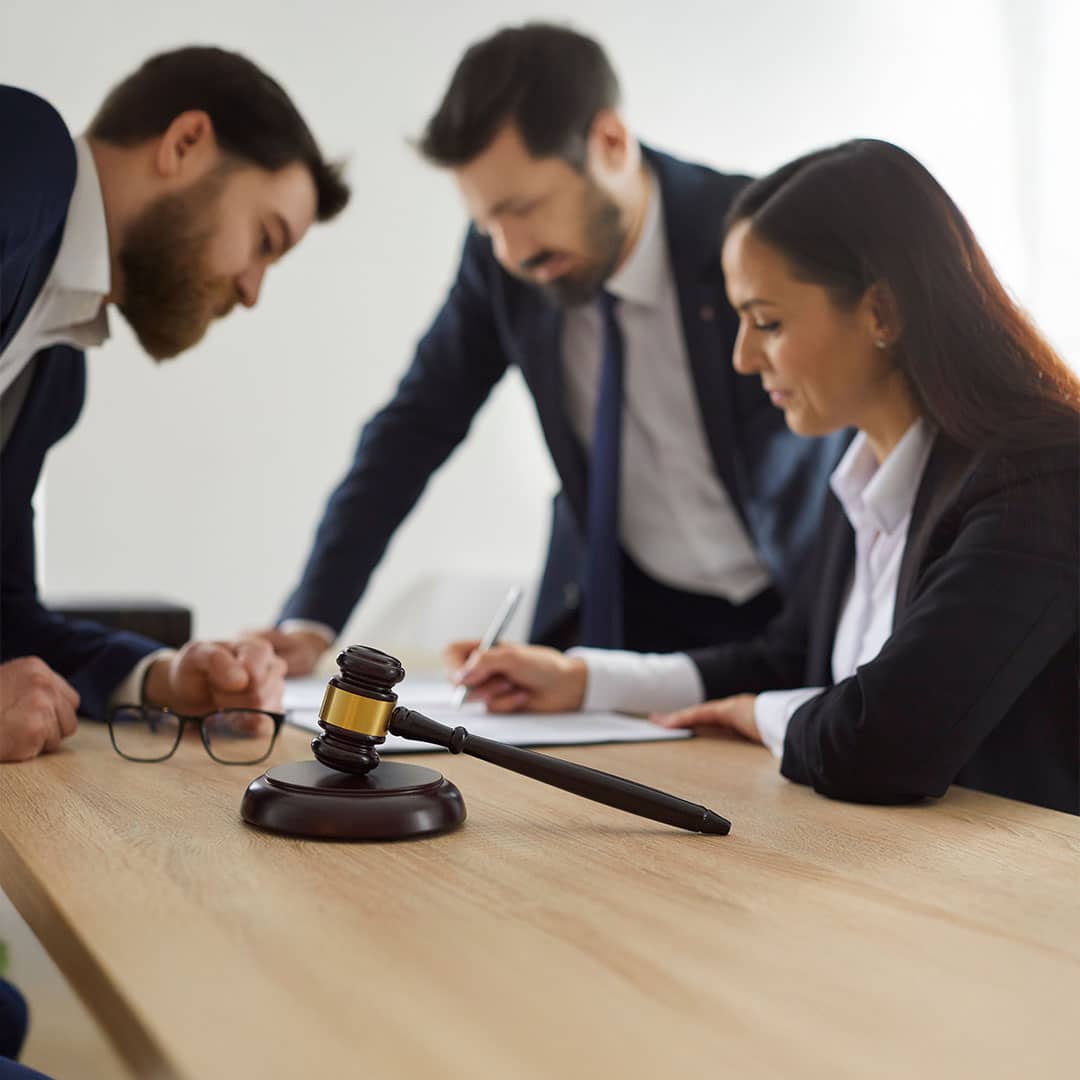 Law students dressed professionally gathered around a table thinking/collaborating.