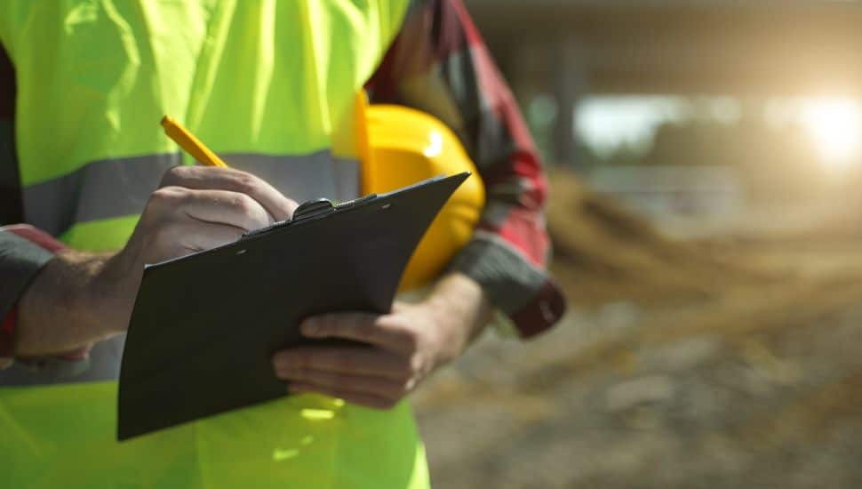 Close up of builder with hard hat inspecting construction site, writing on clipboard.