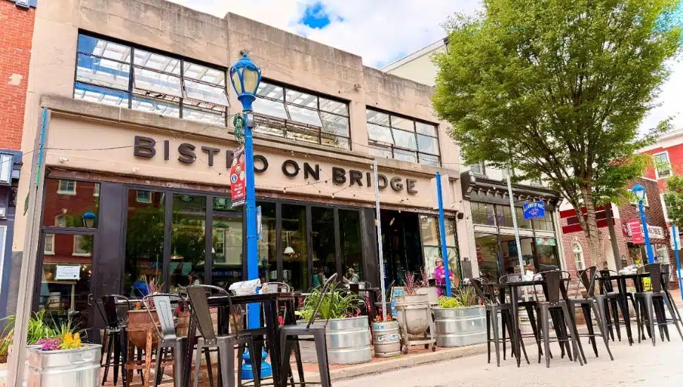 The outdoor dining setup at Bistro on Bridge in downtown Phoenixville.