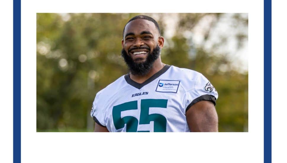 Brandon Graham of the Philadelphia Eagles smiling in uniform during practice.