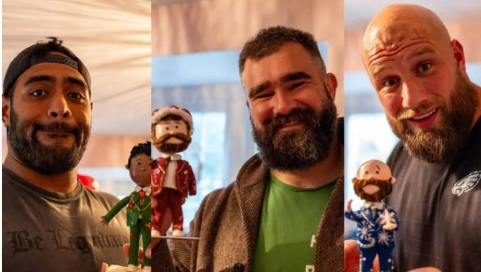 Jason Kelce, Lane Johnson, and Jordan Mailata.