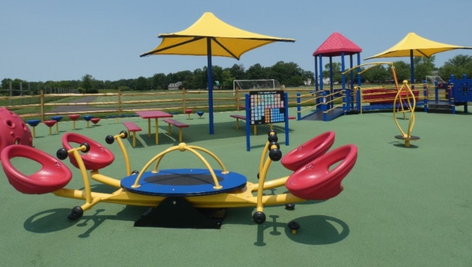 A new playground in Hatfield Township showing the latest inclusive equipment for children.