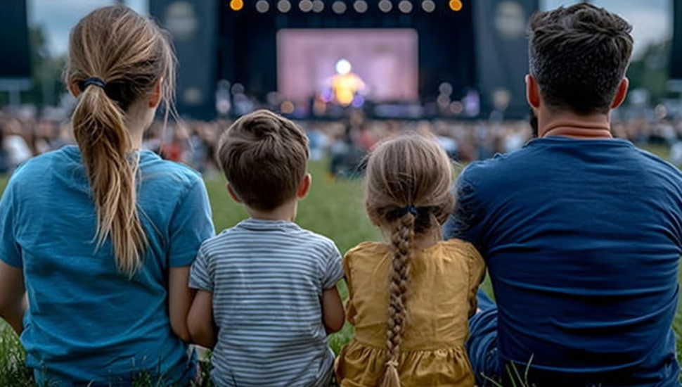 Family sits in grass and watches outdoor movie.