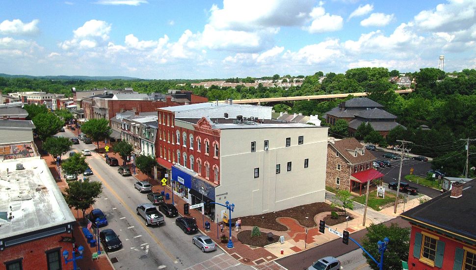 Aerial view of Phoenixville's Main Street and Bridge.