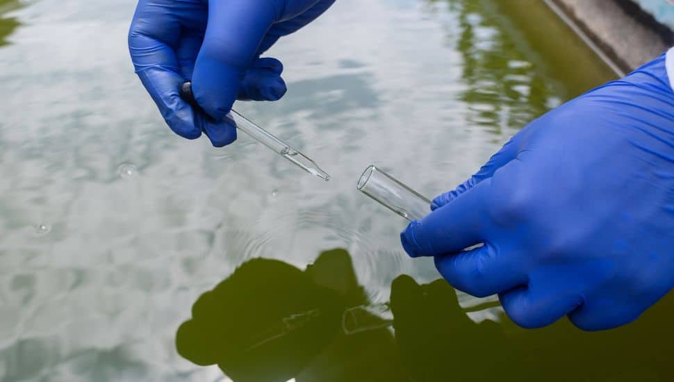 Water sample. Treatment facilities. Quality control of water that has been purified and processed. The laboratory assistant collects material for research. Liquid in a test tube. Sewage treatment