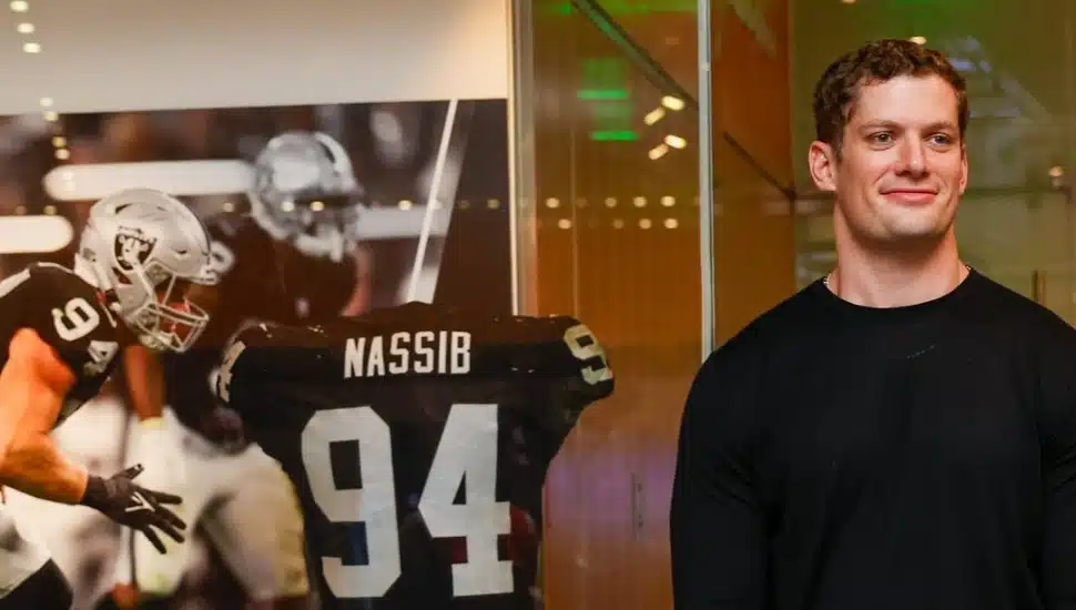 Carl Nassib with his NFL jersey on display at the Smithsonian National Museum of American History.